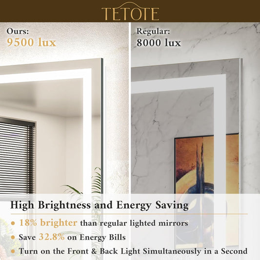 LED Bathroom Mirror 24 x 36 Brighter Light up Mirror with Lights, Front and Backlit Lighted Mirror for Bathroom 3-Color Dimmable Led Vanity Illuminated Anti Fog Wall Mirror, Tempered Glass