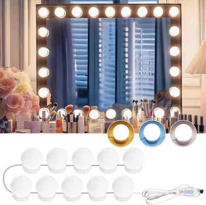 LED Vanity Mirror Lights 10, 3-Color Dimmable Stick-On Makeup Light USB