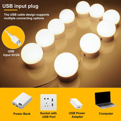 LED Vanity Mirror Lights 10, 3-Color Dimmable Stick-On Makeup Light USB