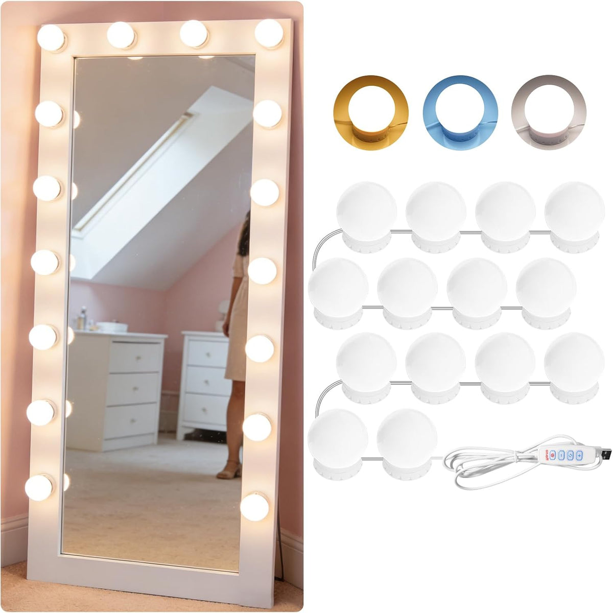 LED Vanity Mirror Lights 10, 3-Color Dimmable Stick-On Makeup Light USB