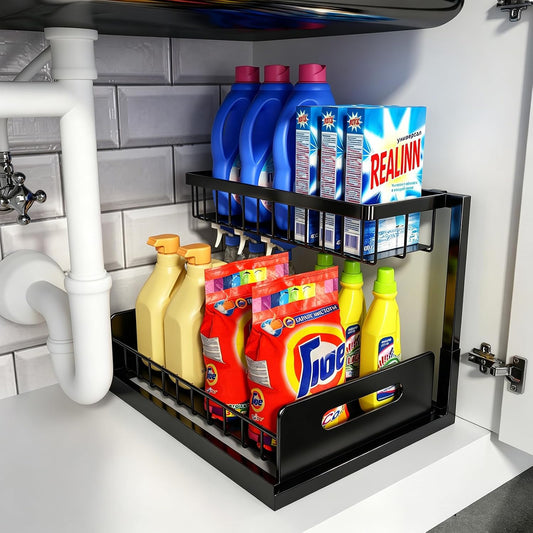 Under Sink Organizer, L-Shaped 2 Tier Pull Out Cabinet Organizer