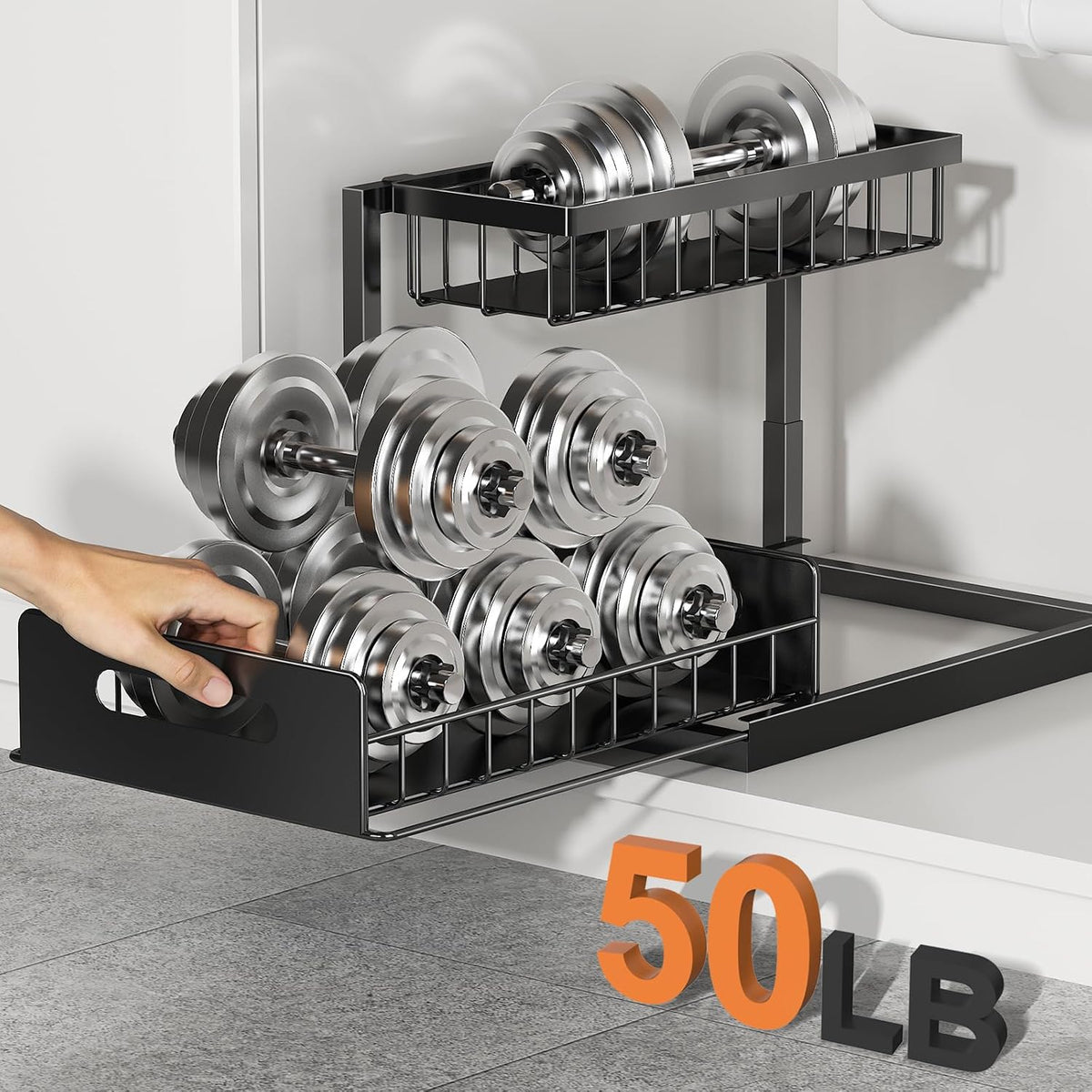 Under Sink Organizer, L-Shaped 2 Tier Pull Out Cabinet Organizer