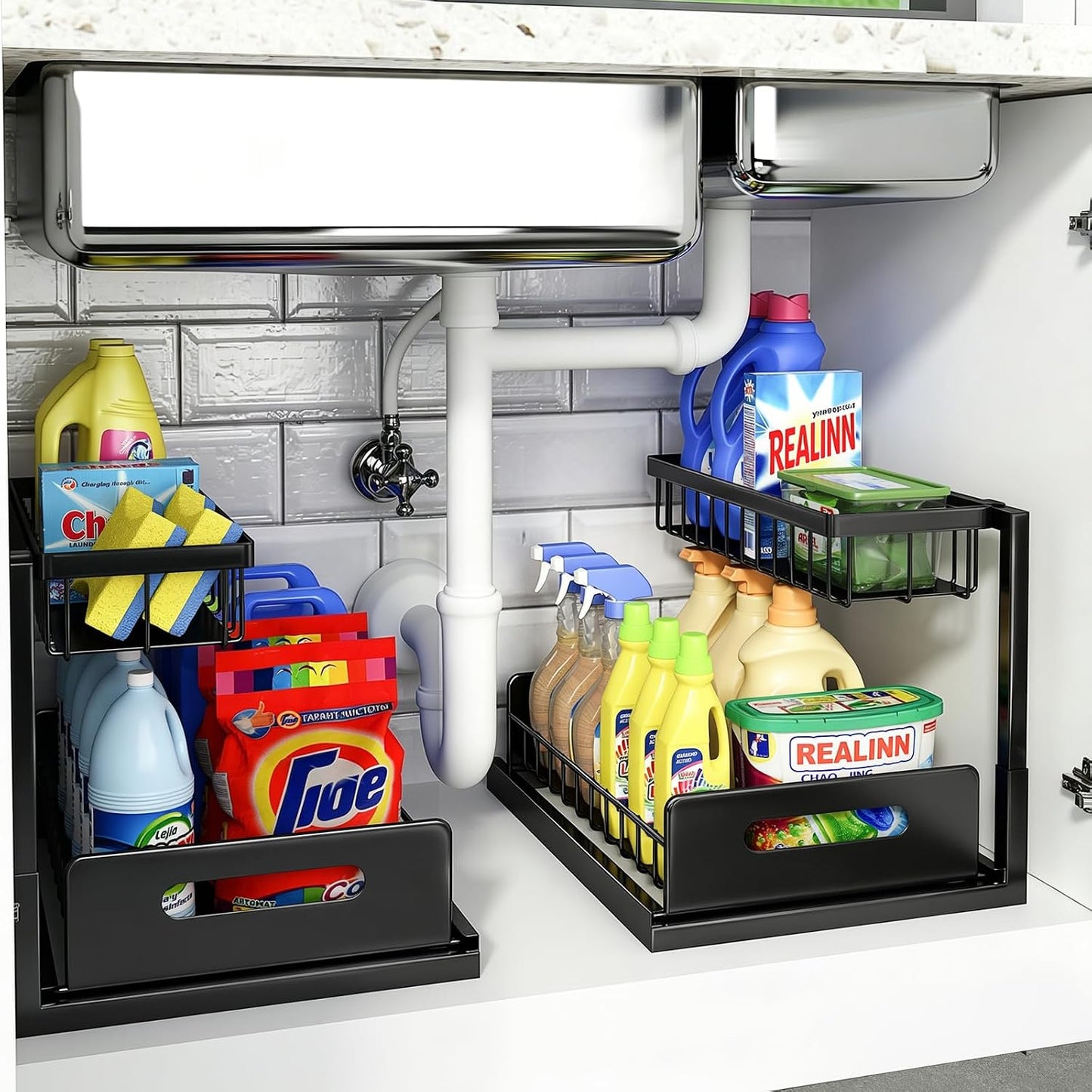 Under Sink Organizer, L-Shaped 2 Tier Pull Out Cabinet Organizer