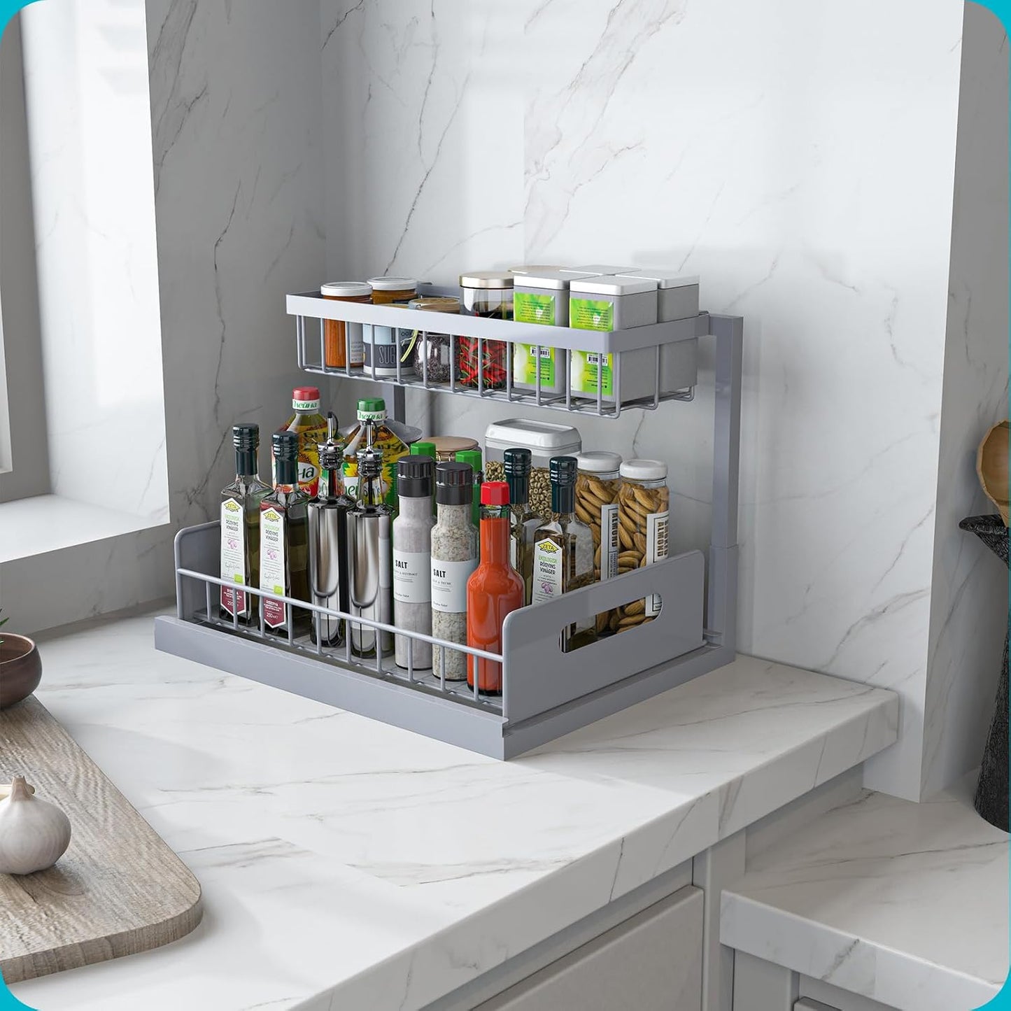 Under Sink Organizer, L-Shaped 2 Tier Pull Out Cabinet Organizer