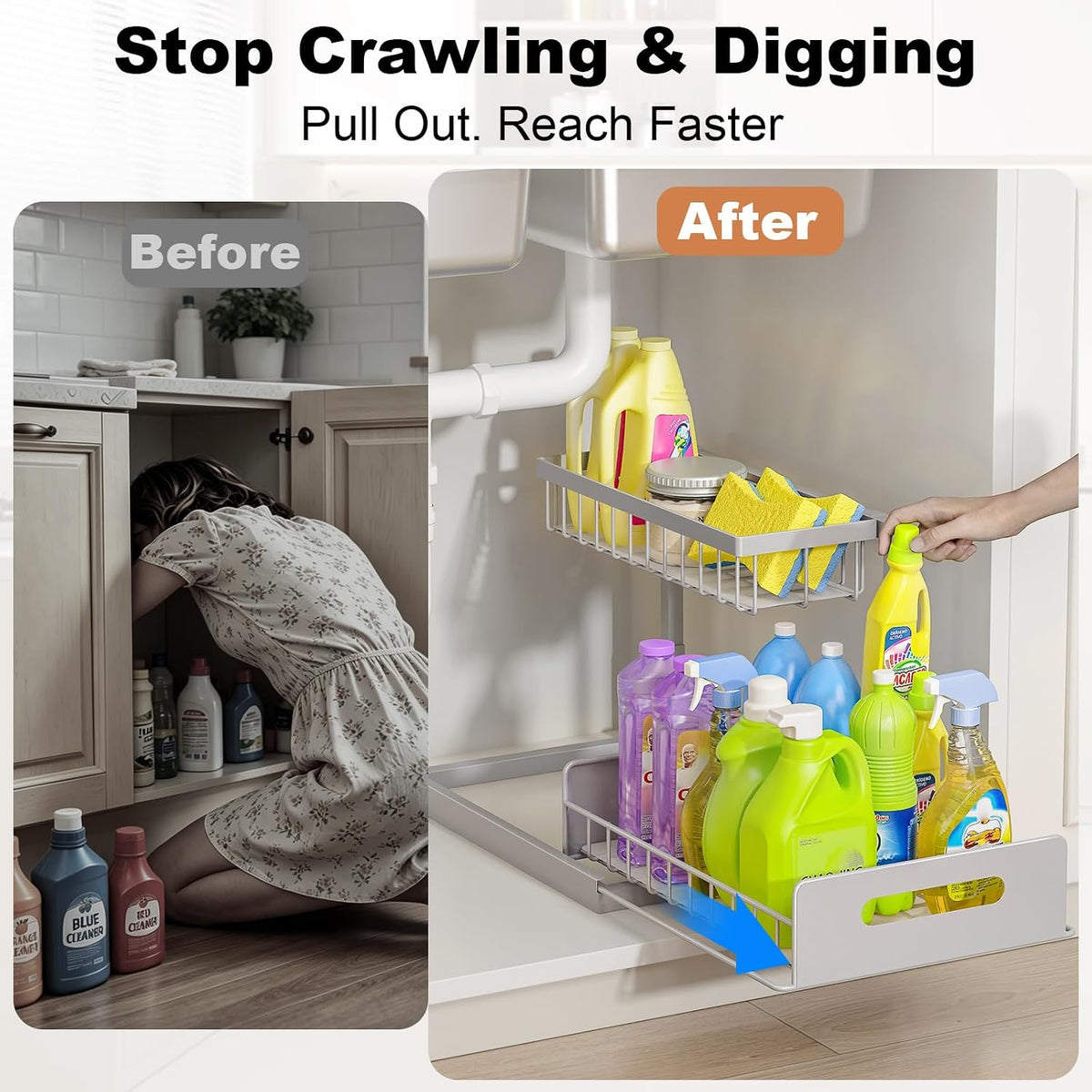 Under Sink Organizer, L-Shaped 2 Tier Pull Out Cabinet Organizer