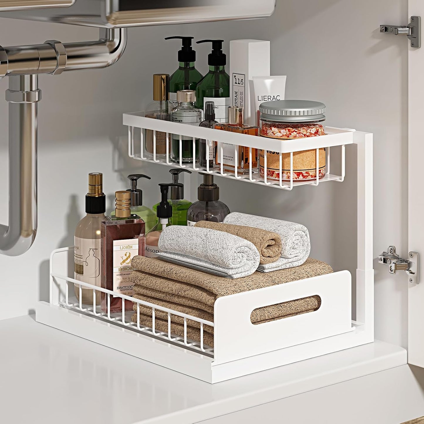 Under Sink Organizer, L-Shaped 2 Tier Pull Out Cabinet Organizer
