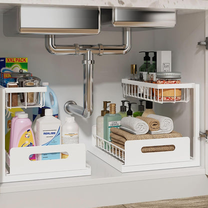 Under Sink Organizer, L-Shaped 2 Tier Pull Out Cabinet Organizer
