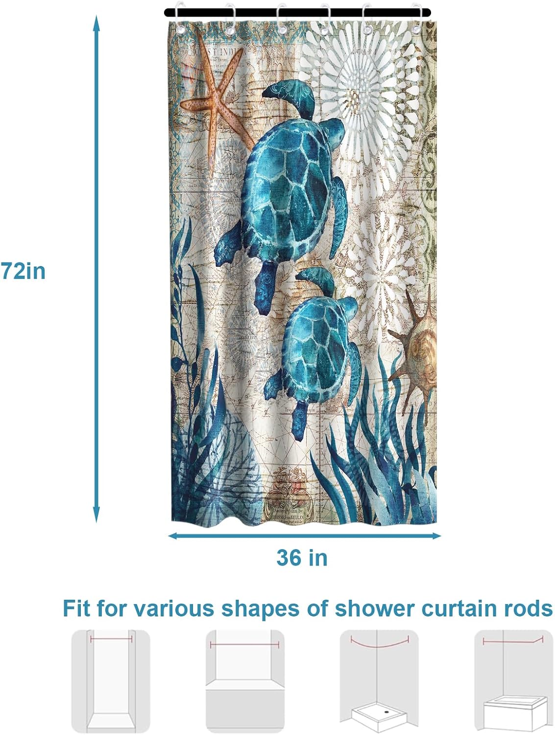 Nautical Green Sea Turtles Beach Theme Fabric Shower Curtain Sets Bathroom Blue Ocean Decor with Grommets and Hooks - 72 x 72 Inch Teal