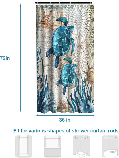 Nautical Green Sea Turtles Beach Theme Fabric Shower Curtain Sets Bathroom Blue Ocean Decor with Grommets and Hooks - 72 x 72 Inch Teal