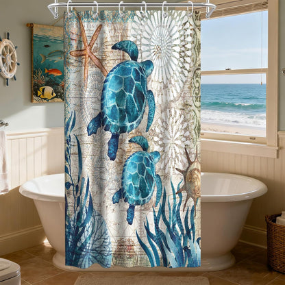 Nautical Green Sea Turtles Beach Theme Fabric Shower Curtain Sets Bathroom Blue Ocean Decor with Grommets and Hooks - 72 x 72 Inch Teal