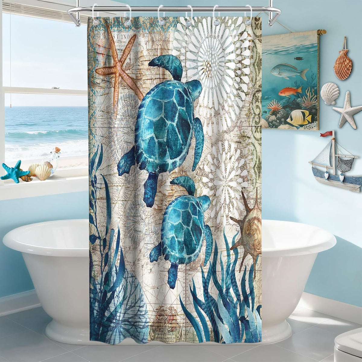 Nautical Green Sea Turtles Beach Theme Fabric Shower Curtain Sets Bathroom Blue Ocean Decor with Grommets and Hooks - 72 x 72 Inch Teal