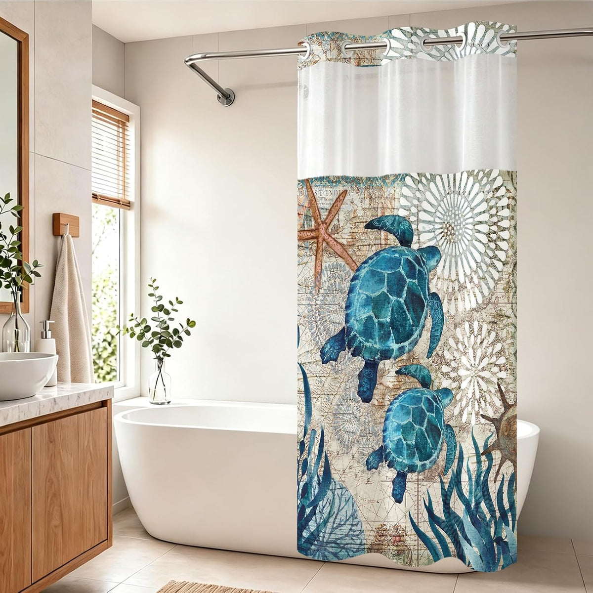 Nautical Green Sea Turtles Beach Theme Fabric Shower Curtain Sets Bathroom Blue Ocean Decor with Grommets and Hooks - 72 x 72 Inch Teal