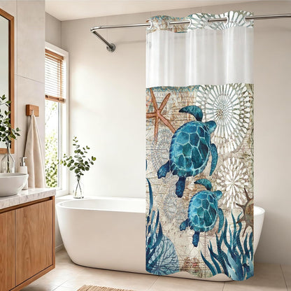 Nautical Green Sea Turtles Beach Theme Fabric Shower Curtain Sets Bathroom Blue Ocean Decor with Grommets and Hooks - 72 x 72 Inch Teal