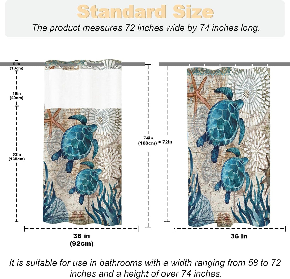 Nautical Green Sea Turtles Beach Theme Fabric Shower Curtain Sets Bathroom Blue Ocean Decor with Grommets and Hooks - 72 x 72 Inch Teal