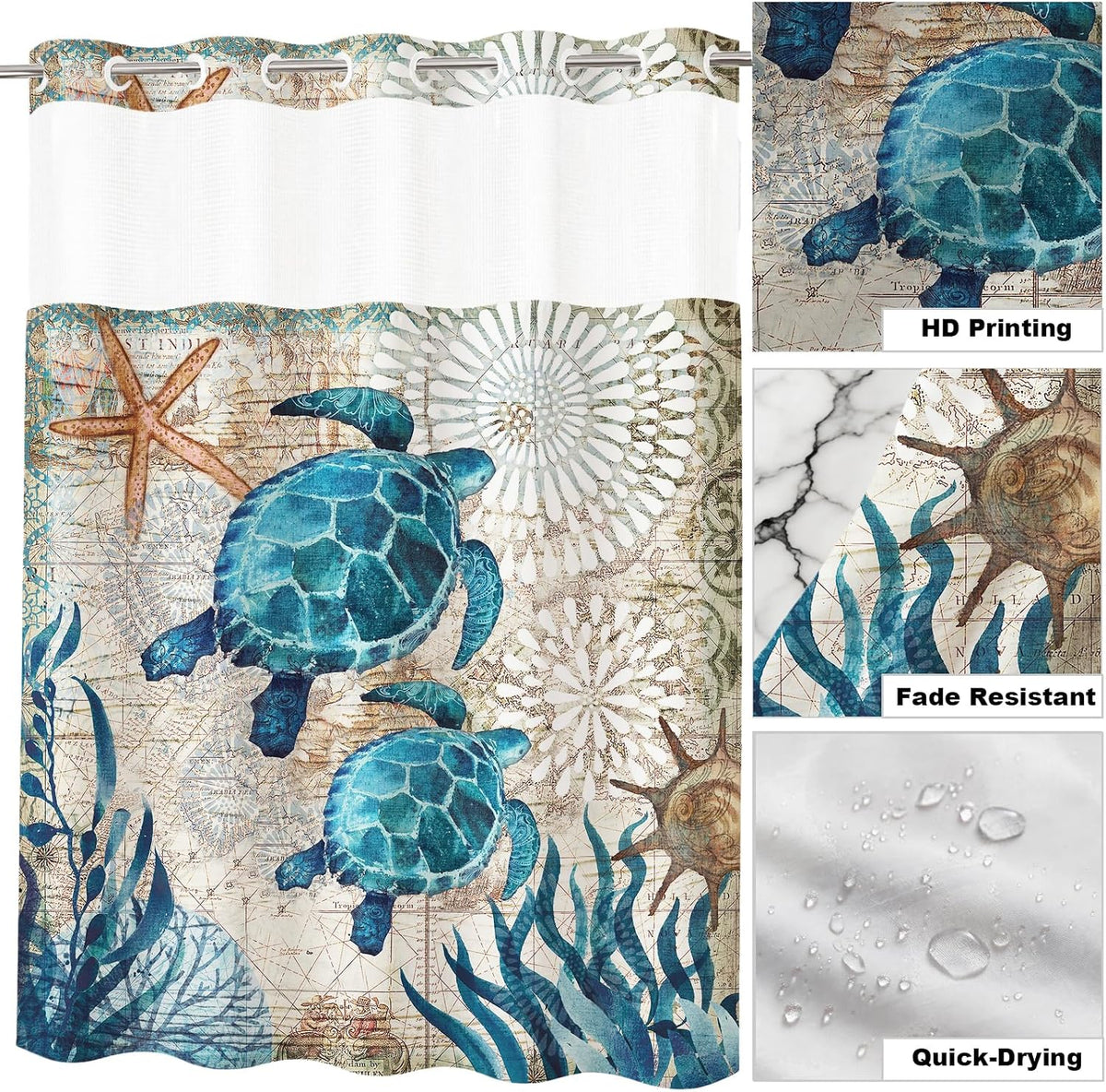 Nautical Green Sea Turtles Beach Theme Fabric Shower Curtain Sets Bathroom Blue Ocean Decor with Grommets and Hooks - 72 x 72 Inch Teal