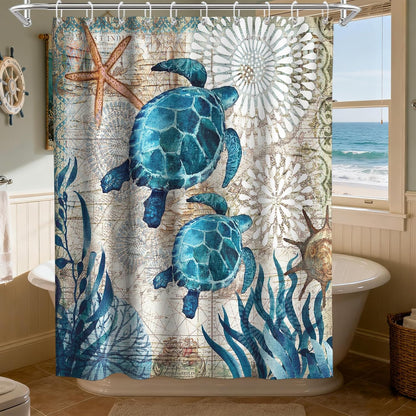 Nautical Green Sea Turtles Beach Theme Fabric Shower Curtain Sets Bathroom Blue Ocean Decor with Grommets and Hooks - 72 x 72 Inch Teal