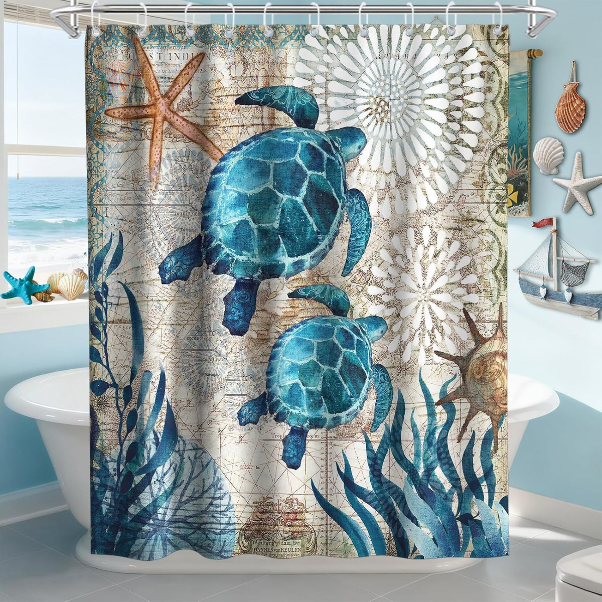 Nautical Green Sea Turtles Beach Theme Fabric Shower Curtain Sets Bathroom Blue Ocean Decor with Grommets and Hooks - 72 x 72 Inch Teal