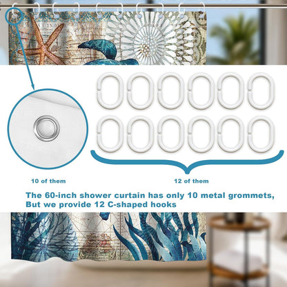Nautical Green Sea Turtles Beach Theme Fabric Shower Curtain Sets Bathroom Blue Ocean Decor with Grommets and Hooks - 72 x 72 Inch Teal