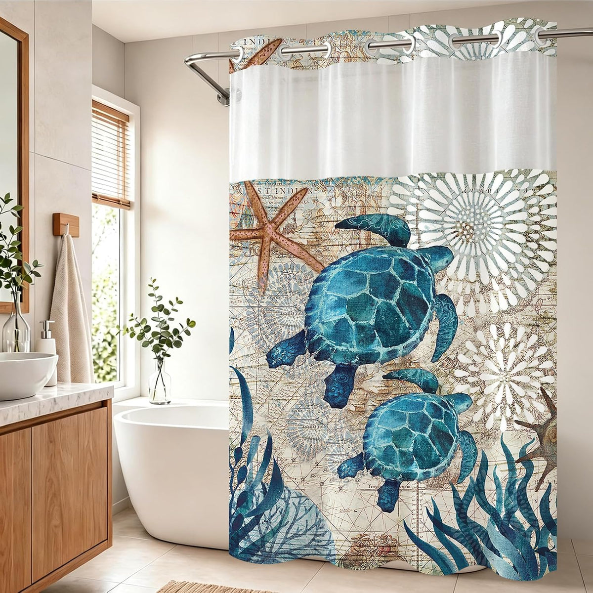 Nautical Green Sea Turtles Beach Theme Fabric Shower Curtain Sets Bathroom Blue Ocean Decor with Grommets and Hooks - 72 x 72 Inch Teal