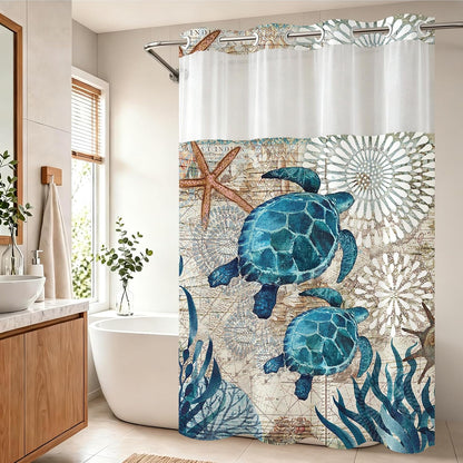 Nautical Green Sea Turtles Beach Theme Fabric Shower Curtain Sets Bathroom Blue Ocean Decor with Grommets and Hooks - 72 x 72 Inch Teal