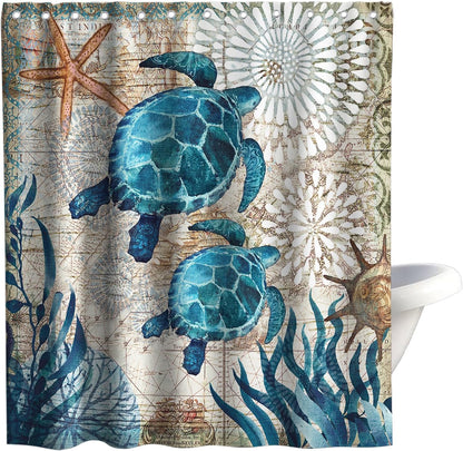 Nautical Green Sea Turtles Beach Theme Fabric Shower Curtain Sets Bathroom Blue Ocean Decor with Grommets and Hooks - 72 x 72 Inch Teal
