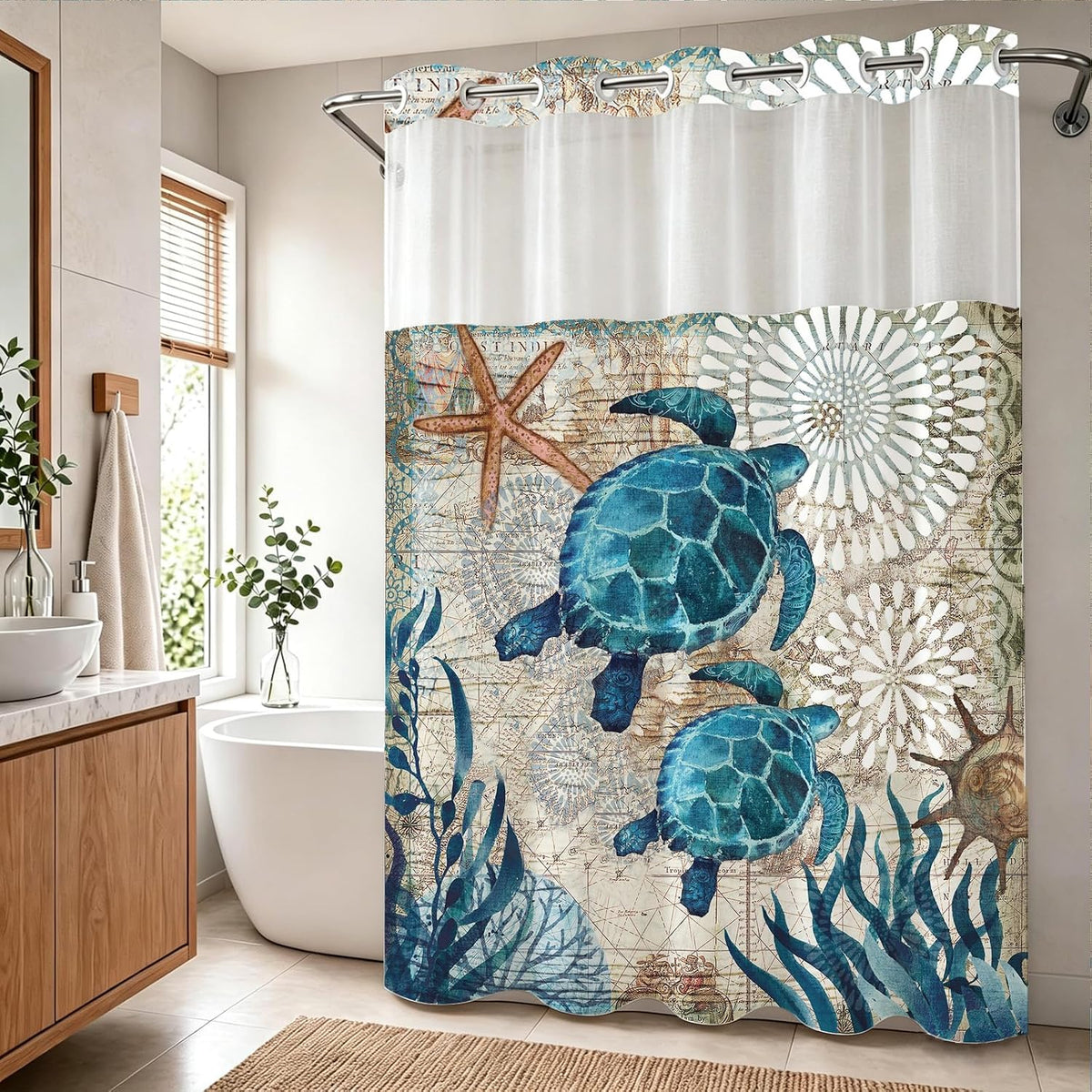 Nautical Green Sea Turtles Beach Theme Fabric Shower Curtain Sets Bathroom Blue Ocean Decor with Grommets and Hooks - 72 x 72 Inch Teal