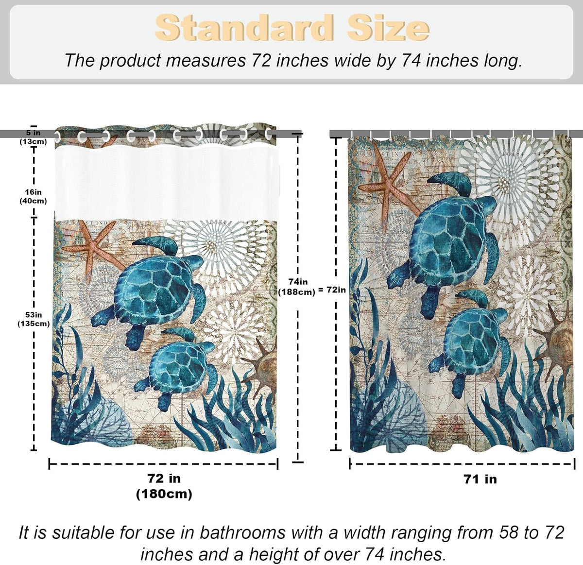 Nautical Green Sea Turtles Beach Theme Fabric Shower Curtain Sets Bathroom Blue Ocean Decor with Grommets and Hooks - 72 x 72 Inch Teal