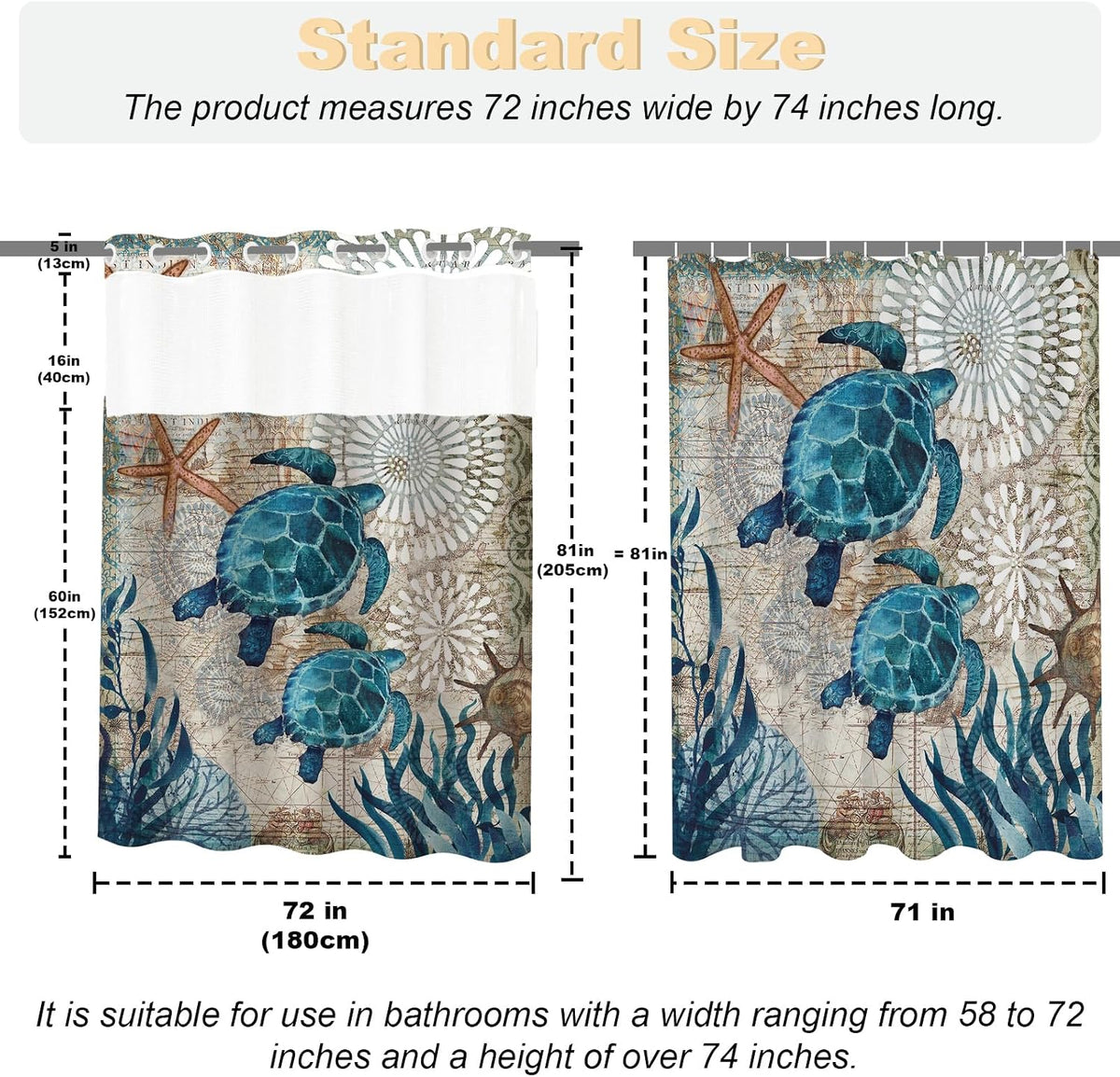 Nautical Green Sea Turtles Beach Theme Fabric Shower Curtain Sets Bathroom Blue Ocean Decor with Grommets and Hooks - 72 x 72 Inch Teal