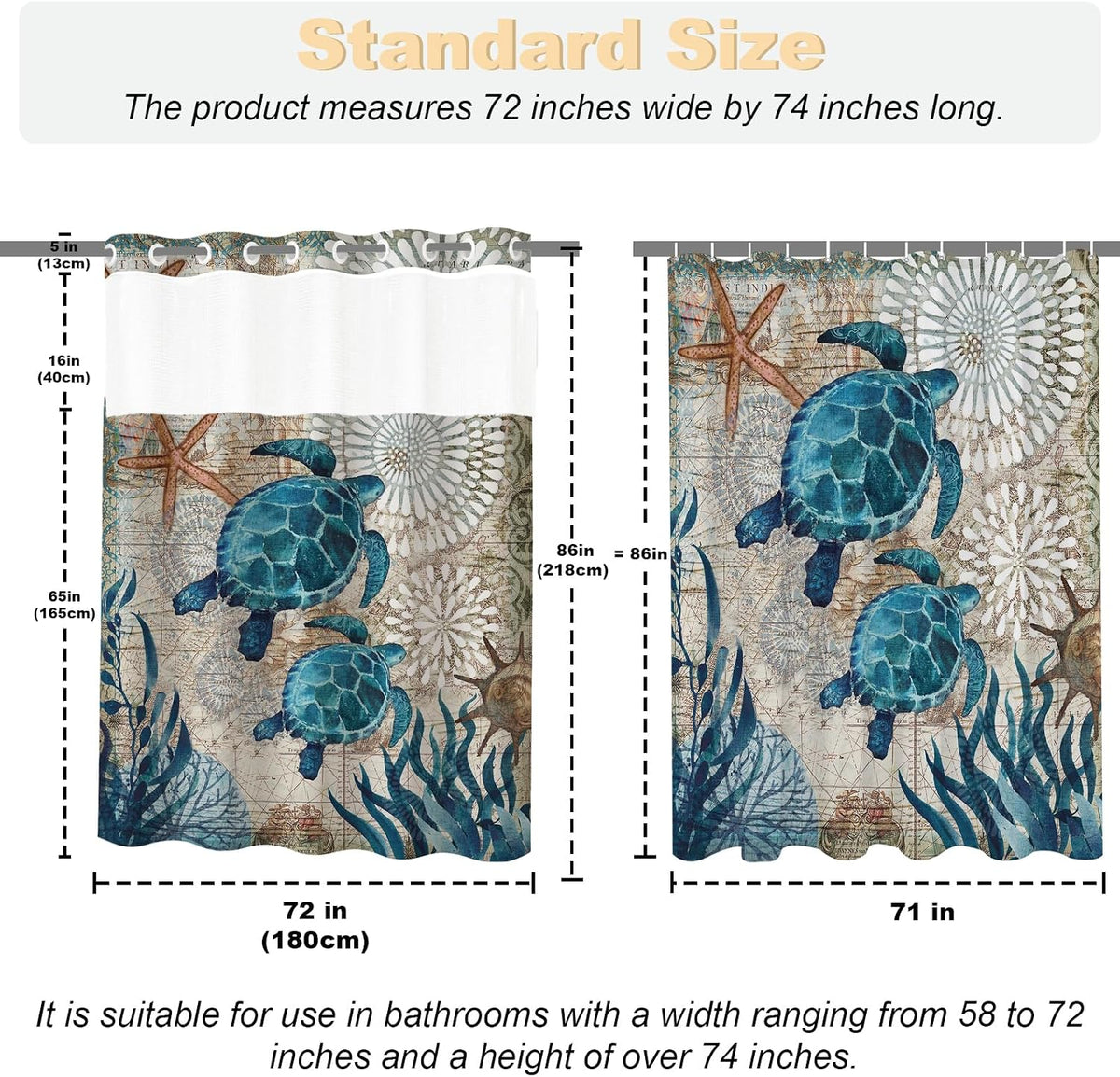 Nautical Green Sea Turtles Beach Theme Fabric Shower Curtain Sets Bathroom Blue Ocean Decor with Grommets and Hooks - 72 x 72 Inch Teal