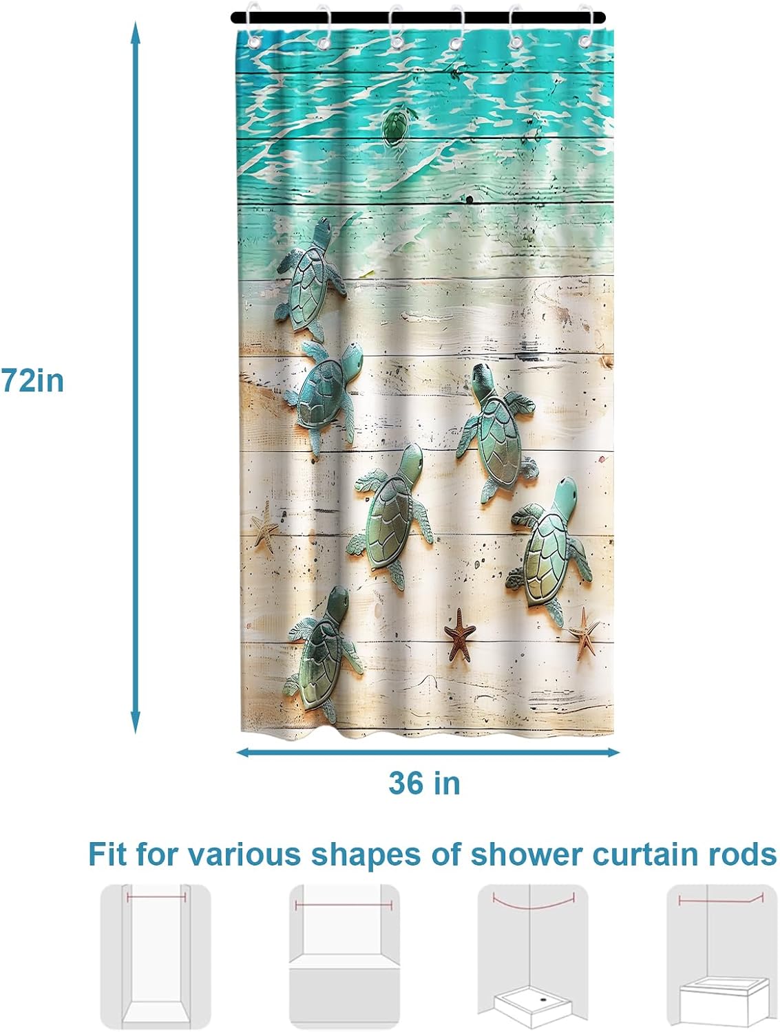 Nautical Green Sea Turtles Beach Theme Fabric Shower Curtain Sets Bathroom Blue Ocean Decor with Grommets and Hooks - 72 x 72 Inch Teal