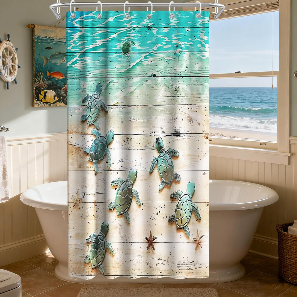 Nautical Green Sea Turtles Beach Theme Fabric Shower Curtain Sets Bathroom Blue Ocean Decor with Grommets and Hooks - 72 x 72 Inch Teal