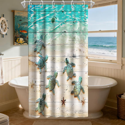 Nautical Green Sea Turtles Beach Theme Fabric Shower Curtain Sets Bathroom Blue Ocean Decor with Grommets and Hooks - 72 x 72 Inch Teal