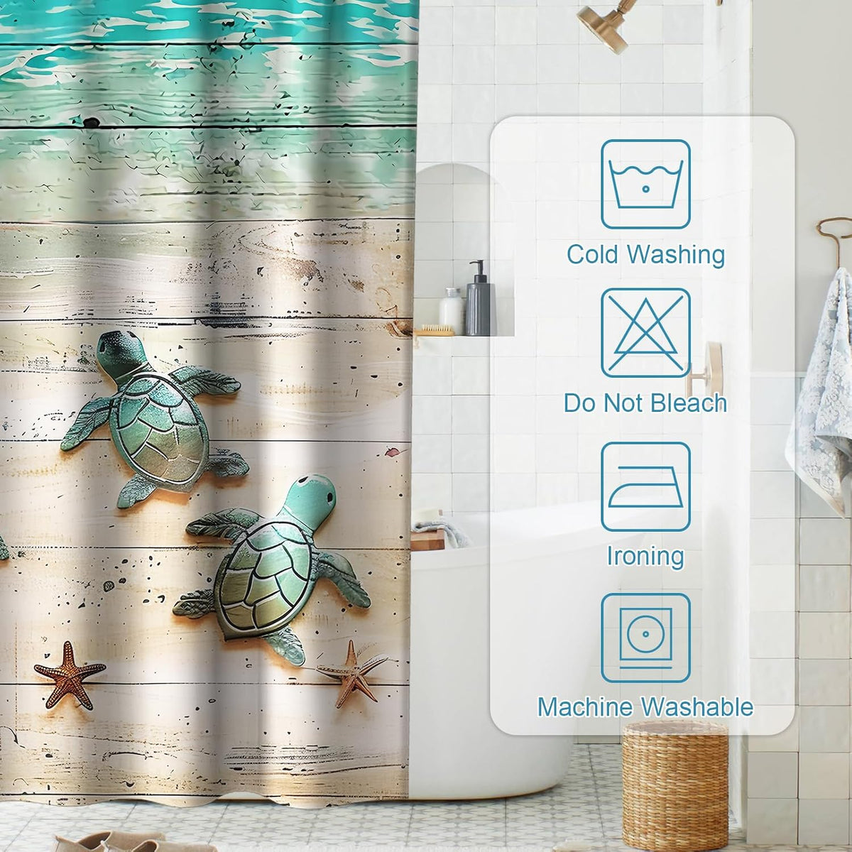 Nautical Green Sea Turtles Beach Theme Fabric Shower Curtain Sets Bathroom Blue Ocean Decor with Grommets and Hooks - 72 x 72 Inch Teal