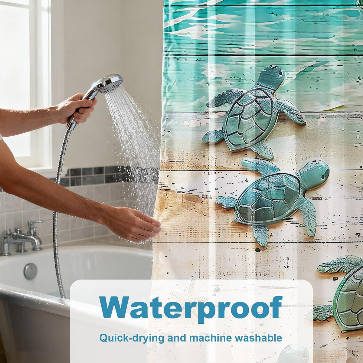 Nautical Green Sea Turtles Beach Theme Fabric Shower Curtain Sets Bathroom Blue Ocean Decor with Grommets and Hooks - 72 x 72 Inch Teal