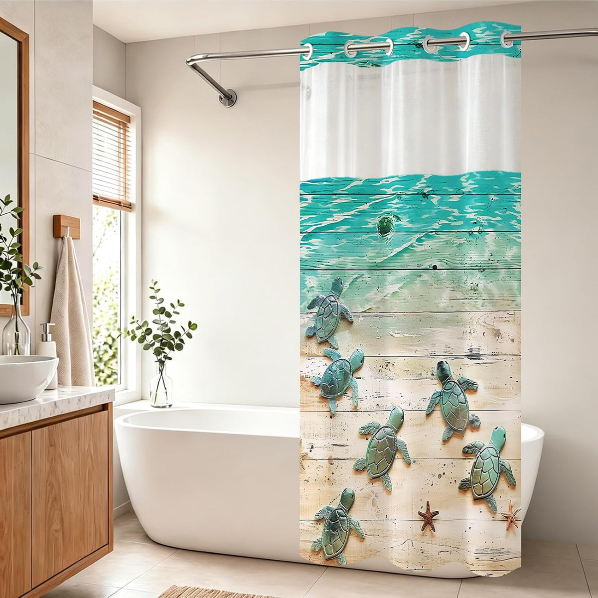 Nautical Green Sea Turtles Beach Theme Fabric Shower Curtain Sets Bathroom Blue Ocean Decor with Grommets and Hooks - 72 x 72 Inch Teal
