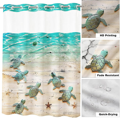 Nautical Green Sea Turtles Beach Theme Fabric Shower Curtain Sets Bathroom Blue Ocean Decor with Grommets and Hooks - 72 x 72 Inch Teal