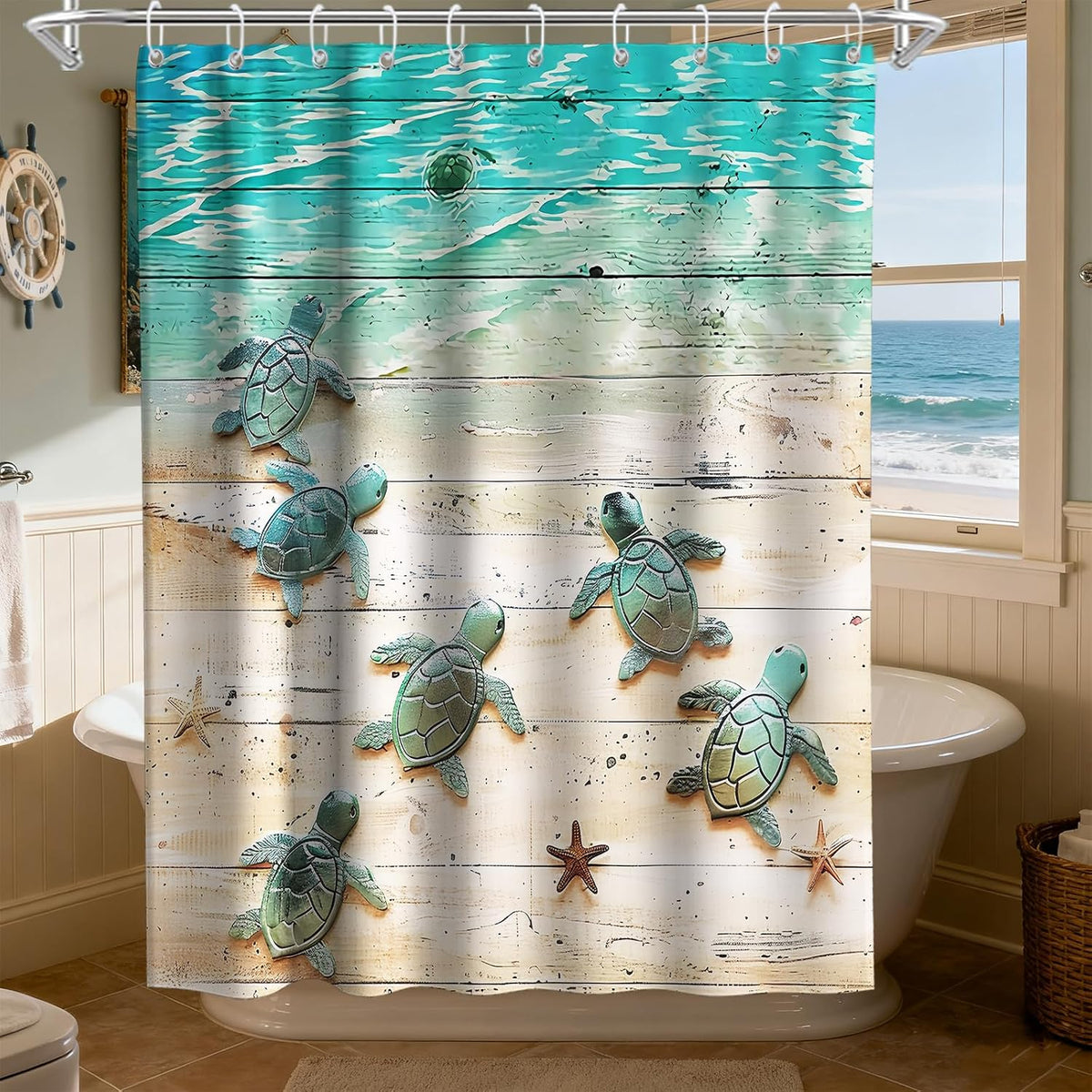 Nautical Green Sea Turtles Beach Theme Fabric Shower Curtain Sets Bathroom Blue Ocean Decor with Grommets and Hooks - 72 x 72 Inch Teal