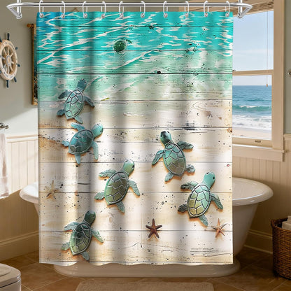 Nautical Green Sea Turtles Beach Theme Fabric Shower Curtain Sets Bathroom Blue Ocean Decor with Grommets and Hooks - 72 x 72 Inch Teal