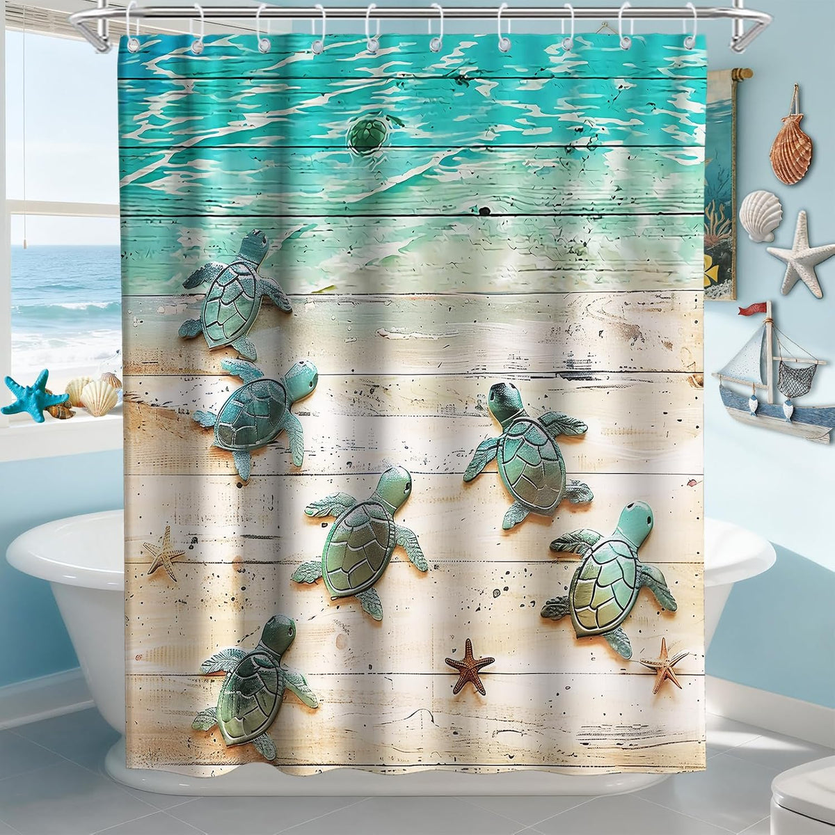 Nautical Green Sea Turtles Beach Theme Fabric Shower Curtain Sets Bathroom Blue Ocean Decor with Grommets and Hooks - 72 x 72 Inch Teal