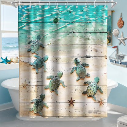 Nautical Green Sea Turtles Beach Theme Fabric Shower Curtain Sets Bathroom Blue Ocean Decor with Grommets and Hooks - 72 x 72 Inch Teal