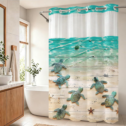 Nautical Green Sea Turtles Beach Theme Fabric Shower Curtain Sets Bathroom Blue Ocean Decor with Grommets and Hooks - 72 x 72 Inch Teal