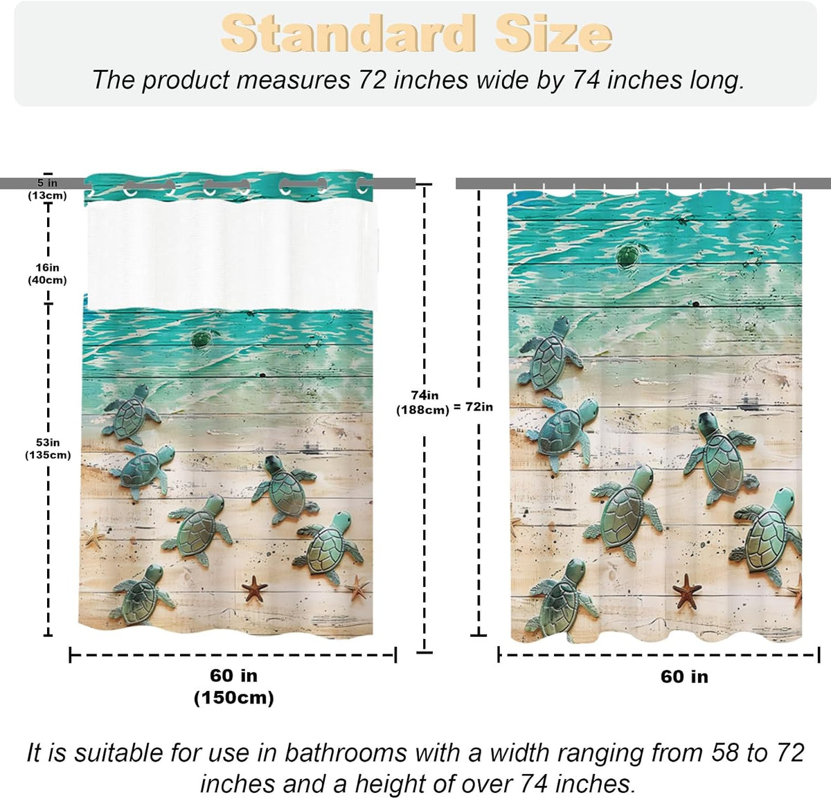 Nautical Green Sea Turtles Beach Theme Fabric Shower Curtain Sets Bathroom Blue Ocean Decor with Grommets and Hooks - 72 x 72 Inch Teal
