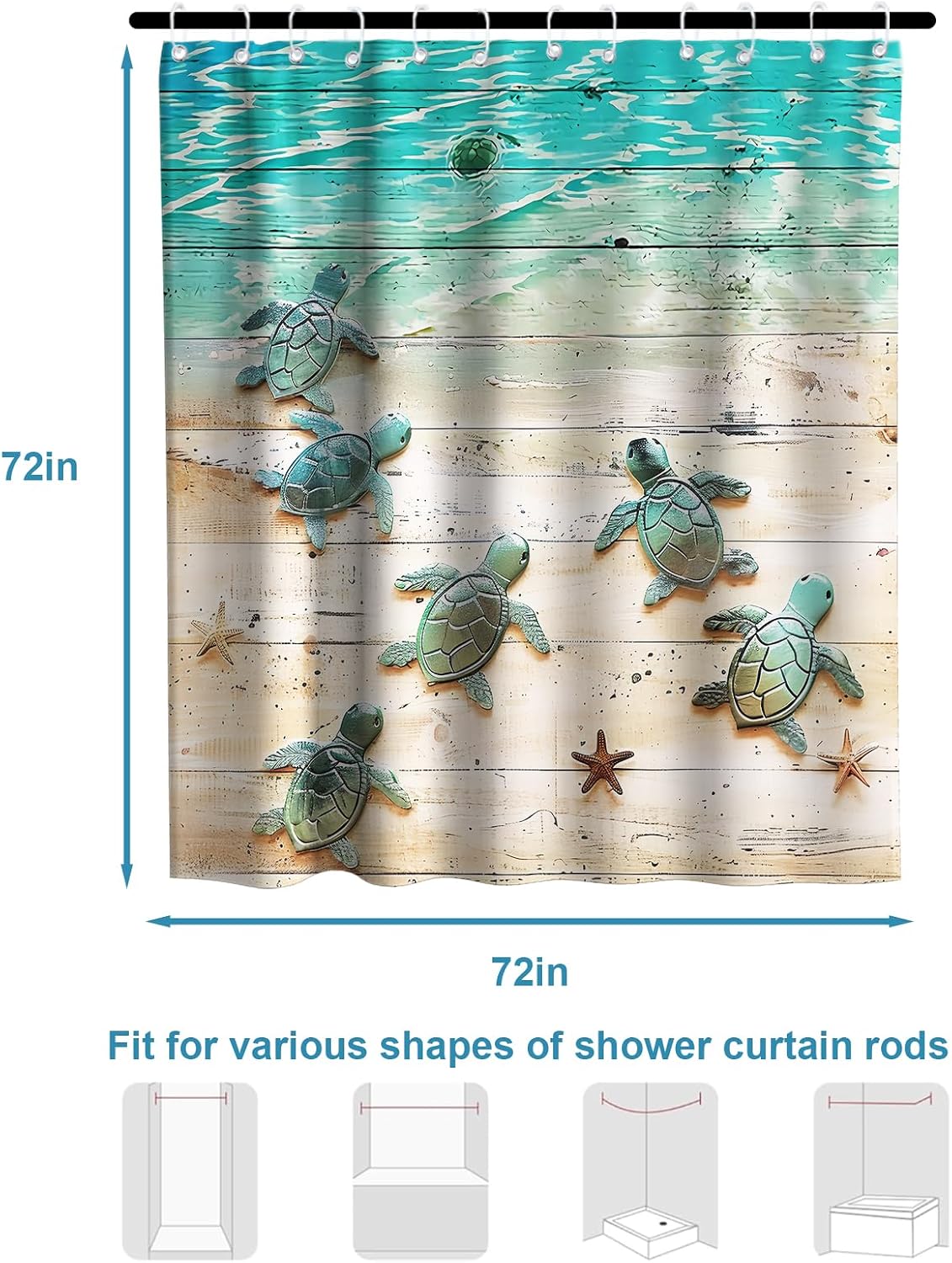 Nautical Green Sea Turtles Beach Theme Fabric Shower Curtain Sets Bathroom Blue Ocean Decor with Grommets and Hooks - 72 x 72 Inch Teal