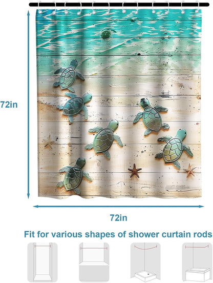 Nautical Green Sea Turtles Beach Theme Fabric Shower Curtain Sets Bathroom Blue Ocean Decor with Grommets and Hooks - 72 x 72 Inch Teal
