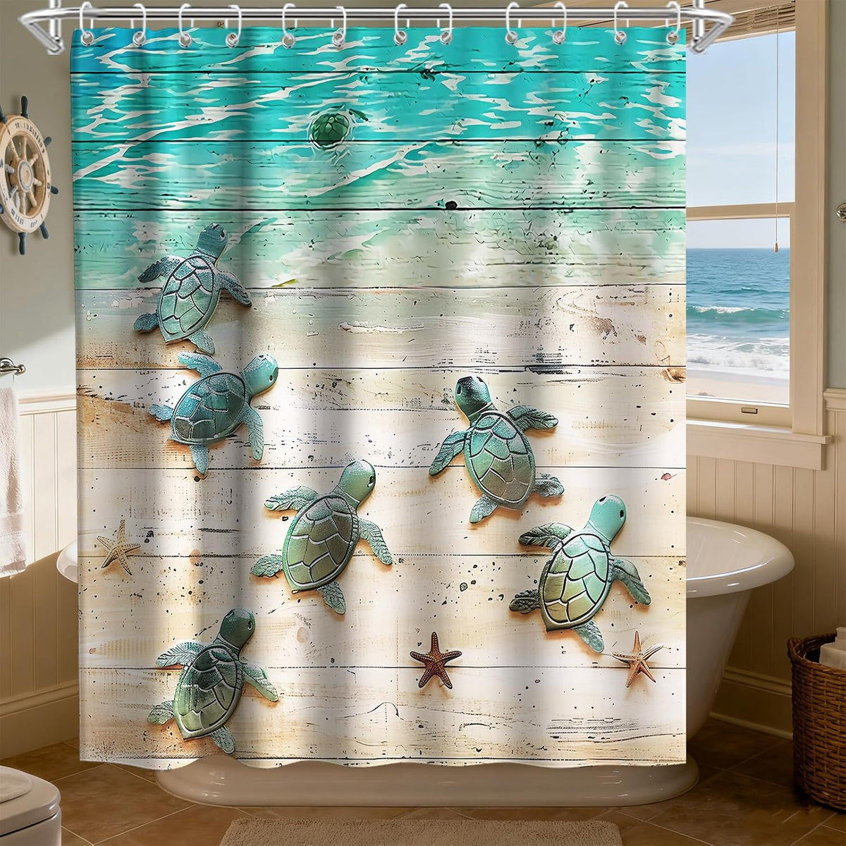 Nautical Green Sea Turtles Beach Theme Fabric Shower Curtain Sets Bathroom Blue Ocean Decor with Grommets and Hooks - 72 x 72 Inch Teal