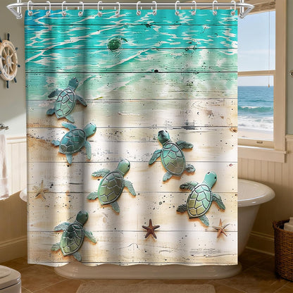 Nautical Green Sea Turtles Beach Theme Fabric Shower Curtain Sets Bathroom Blue Ocean Decor with Grommets and Hooks - 72 x 72 Inch Teal