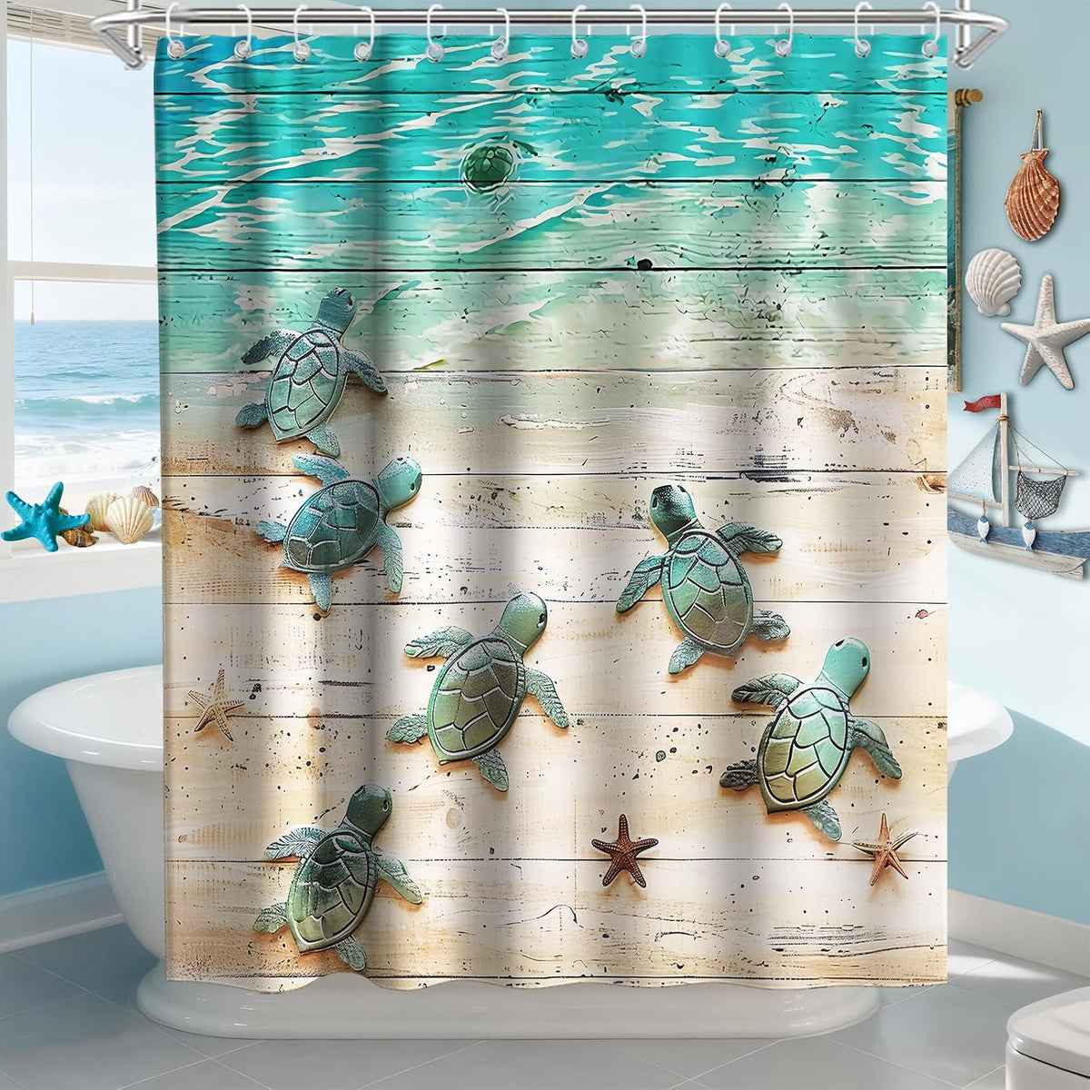 Nautical Green Sea Turtles Beach Theme Fabric Shower Curtain Sets Bathroom Blue Ocean Decor with Grommets and Hooks - 72 x 72 Inch Teal