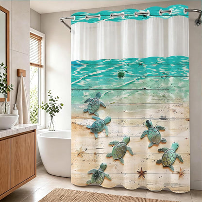 Nautical Green Sea Turtles Beach Theme Fabric Shower Curtain Sets Bathroom Blue Ocean Decor with Grommets and Hooks - 72 x 72 Inch Teal