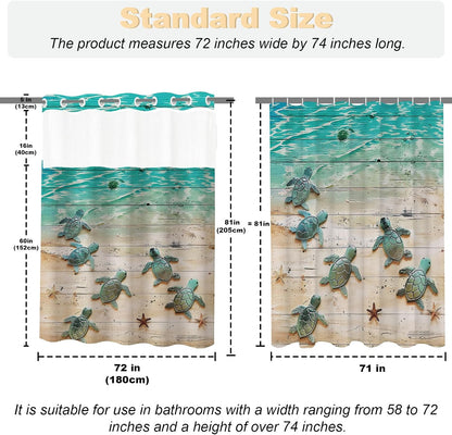 Nautical Green Sea Turtles Beach Theme Fabric Shower Curtain Sets Bathroom Blue Ocean Decor with Grommets and Hooks - 72 x 72 Inch Teal