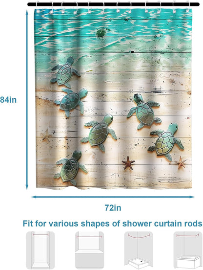 Nautical Green Sea Turtles Beach Theme Fabric Shower Curtain Sets Bathroom Blue Ocean Decor with Grommets and Hooks - 72 x 72 Inch Teal